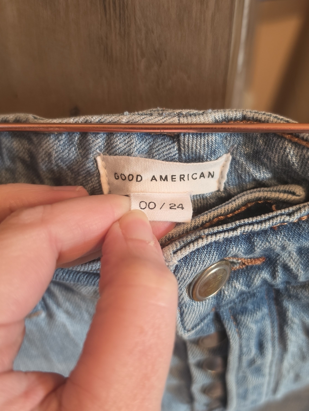 Good American Light Blue Distressed Button-Fly Jean Shorts - Picture 2 of 4